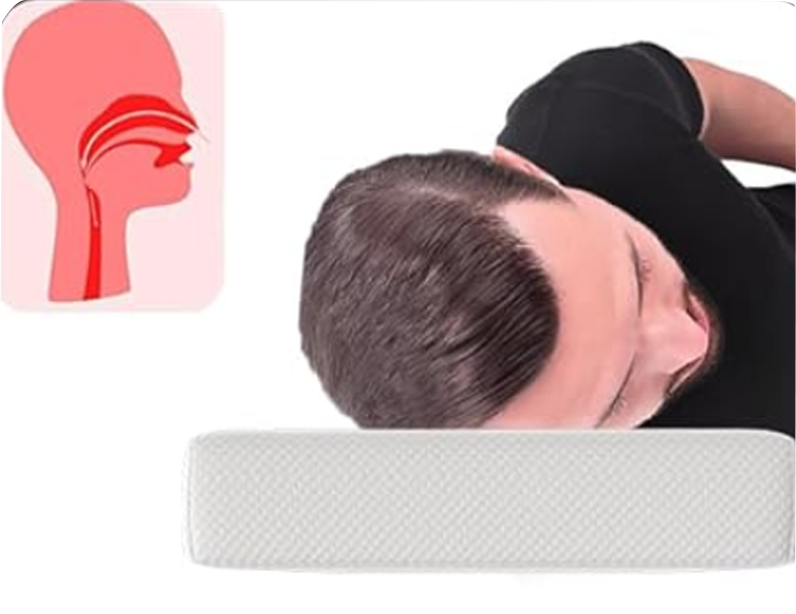Man sleeping on his side on a regular pillow with inset showing tongue blocking throat, causing snoring