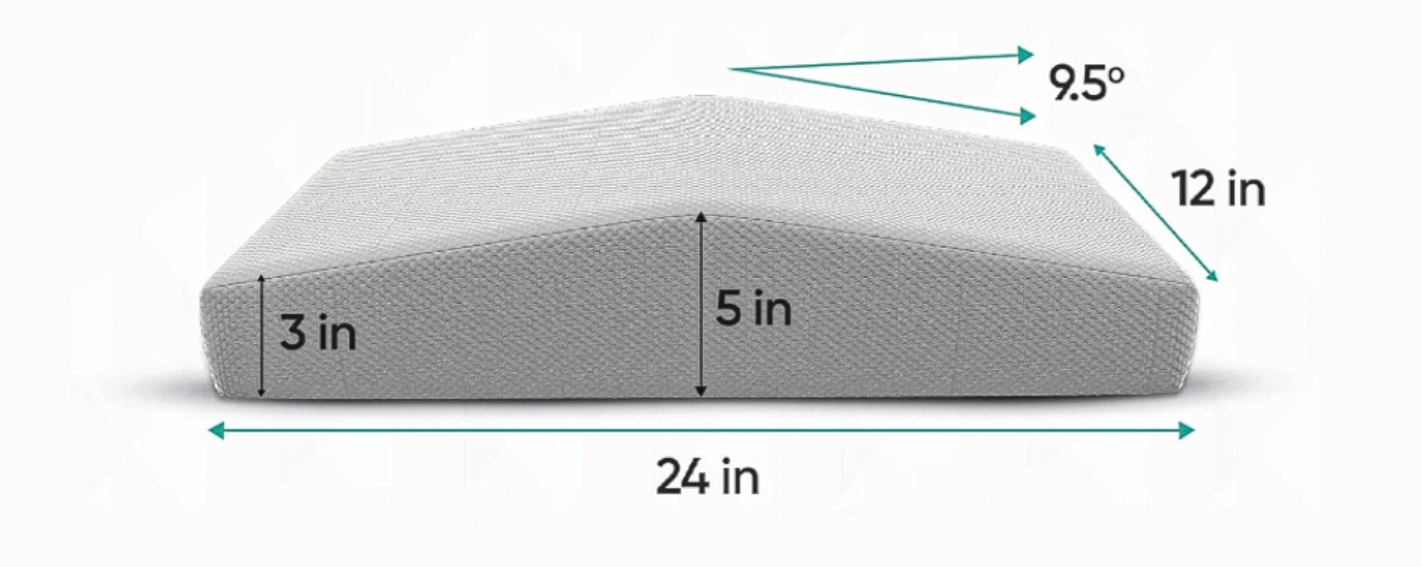 Pyramid Pillow with dimensions labeled: 24 inches wide, 12 inches deep, 5 inches tall in the middle, 3 inches tall at edges, with 9.5-degree sloping sides